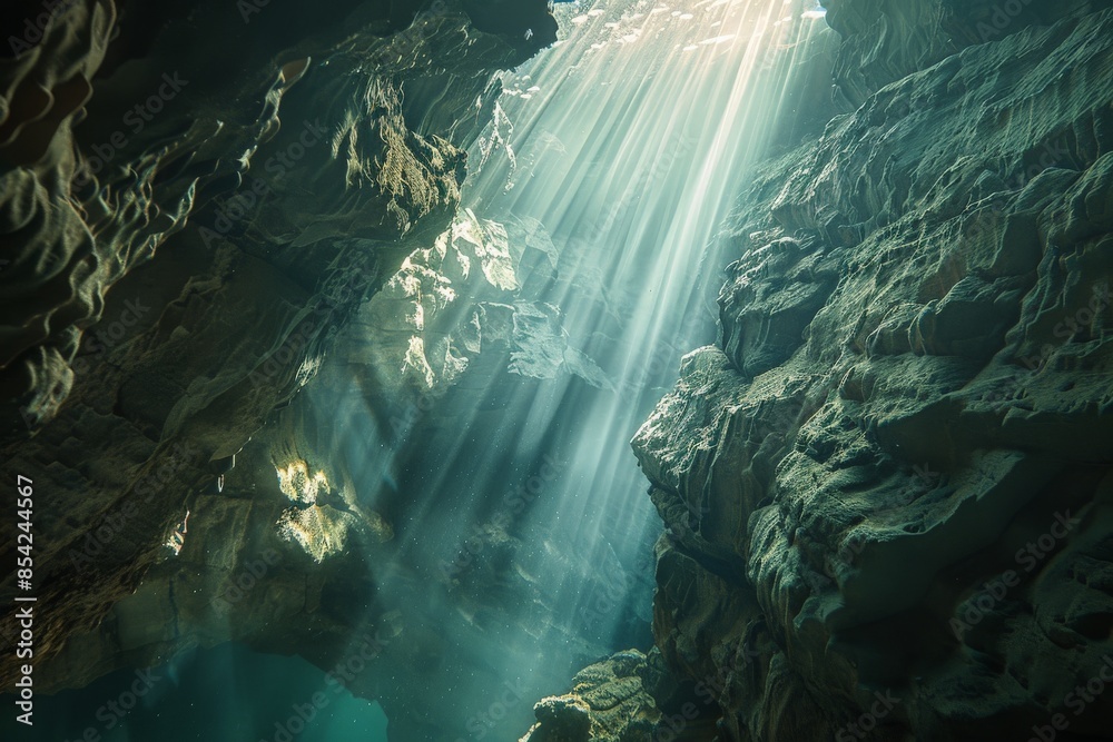 Poster underwater cave sunbeams creating ethereal light rays