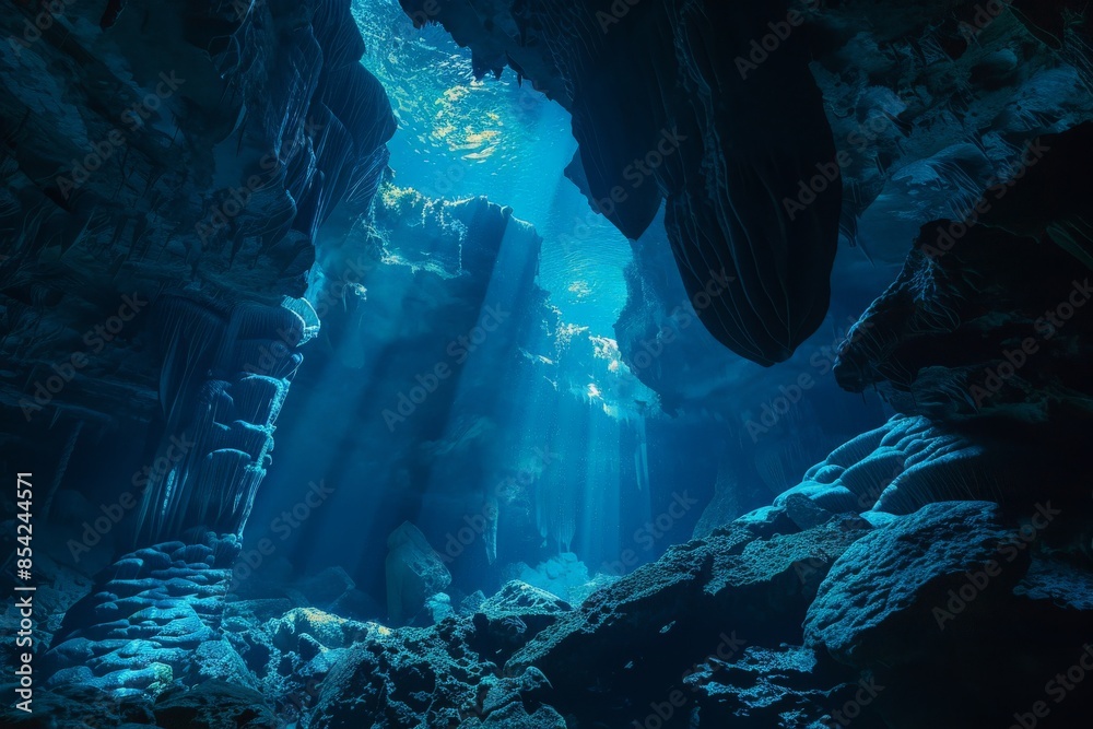 Poster sunlight is illuminating the depths of a submerged cave