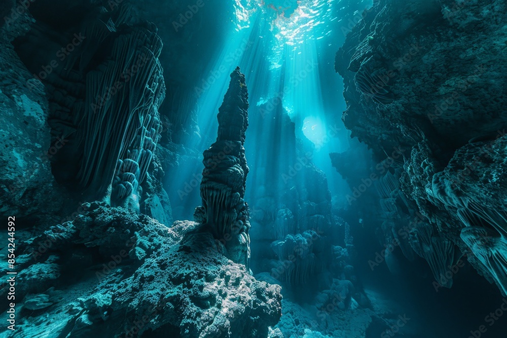 Poster sunlight illuminating rock formations in a mysterious underwater cave