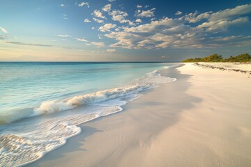 Fototapeta premium Gentle waves washing on tropical white sand beach at sunset