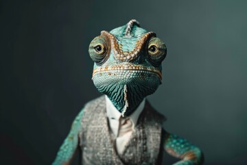 Chameleon wearing suit and tie posing for portrait