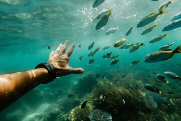 Obraz premium Diver reaching for a school of fish in the ocean depths