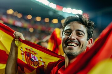 Obraz premium Young spanish sports fan celebrating with flag in a stadium crowd