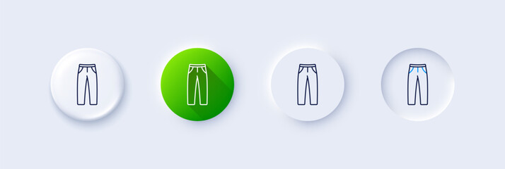 Pants line icon. Neumorphic, Green gradient, 3d pin buttons. Trousers wear sign. Fabric jeans symbol. Line icons. Neumorphic buttons with outline signs. Vector