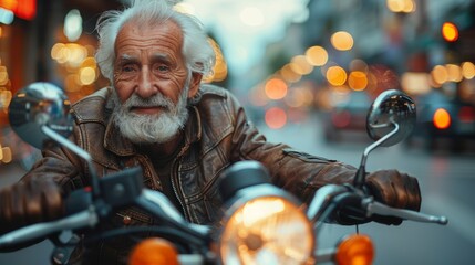 Obraz premium Dynamic portrait of a senior man on a motorcycle, with blurry city lights in the background