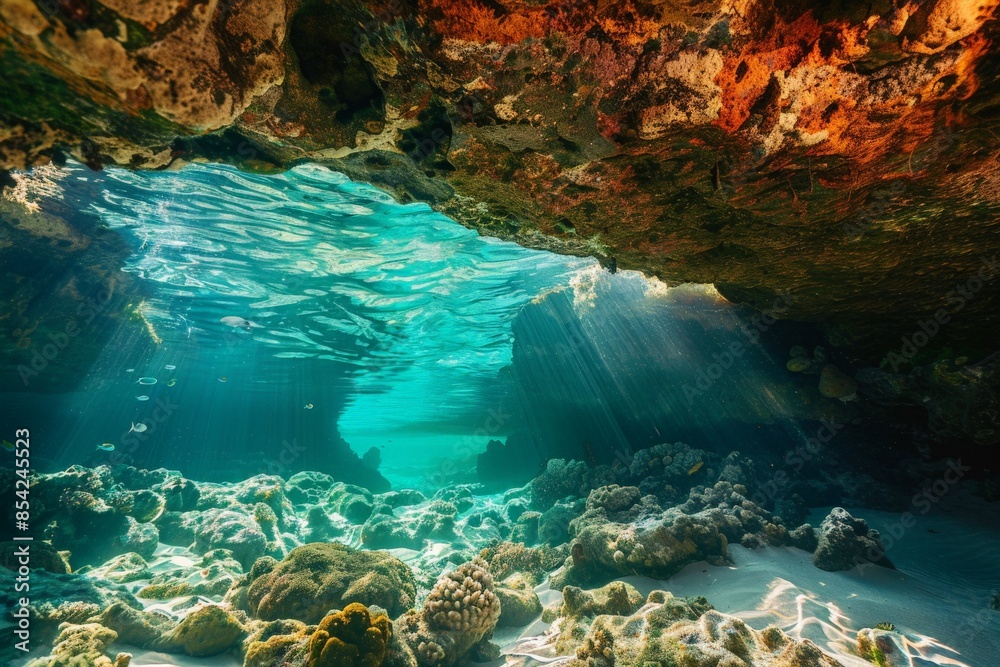 Poster sunlight illuminating seabed under rock formation in ocean