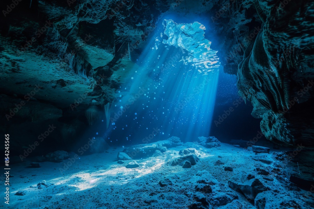 Poster sunlight illuminating a mysterious underwater cave with rocks and air bubbles