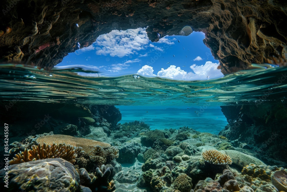 Aufkleber underwater view of blue sky and clouds from inside a cave