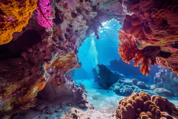 Sunlight piercing through a colorful coral reef cave