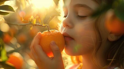 A young girl intimately engaging with the scent of a fresh citrus fruit in a sunlit grove. A young girl inhales the fresh scent of an orange amidst the warm glow of a citrus grove at sunset. AIG50