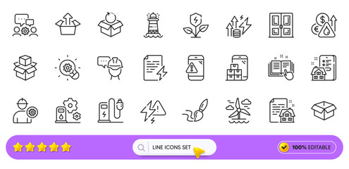 Engineer, Lease contract and Opened box line icons for web app. Pack of Brush, Fuel price, Charging station pictogram icons. Eco power, Mobile inventory, Lighthouse signs. Search bar. Vector