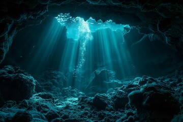 Sunbeams shining through hole in underwater cave ceiling