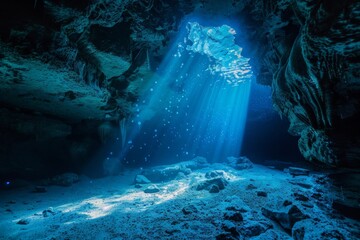 Sunlight illuminating a mysterious underwater cave with rocks and air bubbles