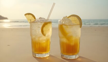Ice honey lemon soda in glass on blurred beach background