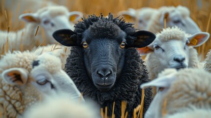 An image showing a black sheep in sharp focus amidst a sea of white sheep, illustrating the concept of standing out