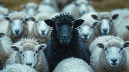 Obraz premium The image features a unique black sheep in the center, standing out among a crowd of white sheep, symbolizing difference