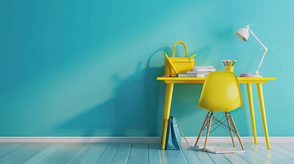 Modern blue wall interior style home and office. Back to school. Book, pencil, bag lamp on top. AI generated illustration