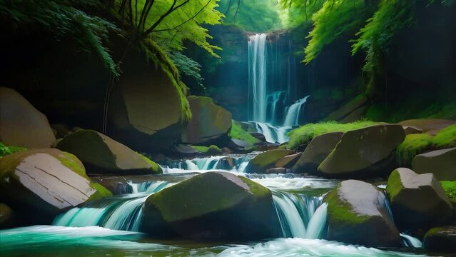 Waterfall and Stream Running over Rocks 4K features an A.I. Generated video of a waterfall coming over some rocks into a stream running toward the viewer with trees and rocks.