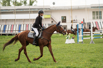 Young woman preparing for equestrian competition. 