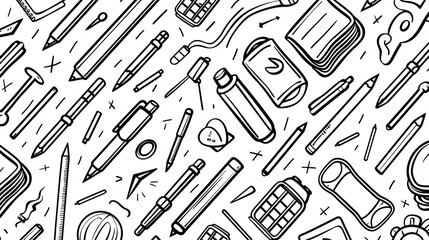 School supplies seamless pattern. Education accessories pencil and pen notebook black line doodle cartoon isolated on white background creative design textile. AI generated illustration
