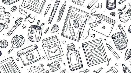 School supplies seamless pattern. Education accessories pencil and pen notebook black line doodle cartoon isolated on white background creative design textile. AI generated illustration