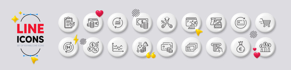 Wallet money, Wallet and Survey checklist line icons. White buttons 3d icons. Pack of Renew card, Inflation, Card icon. Coins banknote, Cut tax, Diagram chart pictogram. Vector