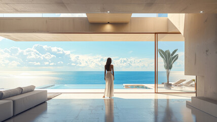 Young woman stands at luxury home interior and looks at sea alone, person and stunning view from apartment. Theme of beach, modern house, living room, window
