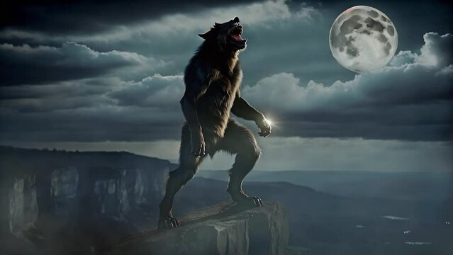 Werewolf Standing on a Cliff Howling at the Moon 4K Loop features an A.I. Generated video of a werewolf standing on a cliff upright howling at a full moon in a loop.