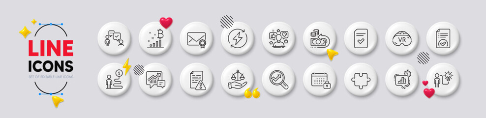 Puzzle, Calendar and Business idea line icons. White buttons 3d icons. Pack of Accounting, Renewable power, Influence icon. Analytics, Statistics timer, Consulting business pictogram. Vector