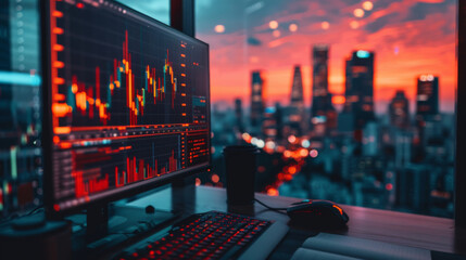 Stock trading monitor displaying charts and graphs with a cityscape view at dusk, capturing the essence of financial markets.