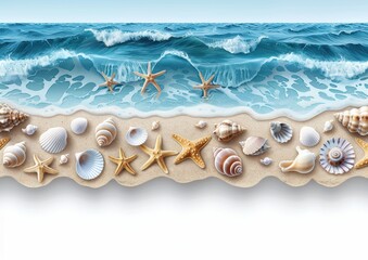 Naklejka premium Beautiful coastal scene with ocean waves, starfish, and seashells on sandy beach - perfect summer seaside inspiration picture