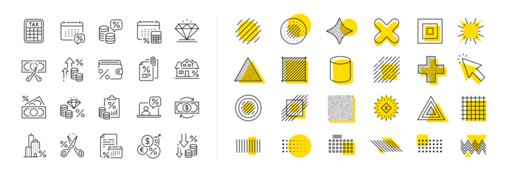 Mortgage rate, Money credit and finance payroll set. Design shape elements. Tax line icons. Increase percent rate, return overpayment money, tax amount line icons. Vector