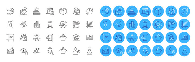Foreman, Consumption growth and Builder warning line icons pack. Green energy, Lighthouse, Furniture web icon. Engineer, Parcel, Get box pictogram. Inspect, Packing boxes, Buildings. Vector