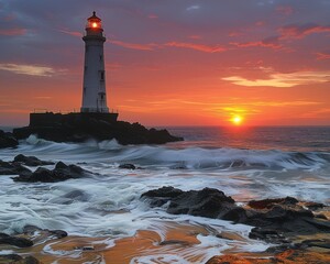 Obraz premium Majestic Lighthouse Overlooking a Stunning Ocean Sunset, Waves Crashing Against Rocks Under a Breathtaking Red and Orange Sky