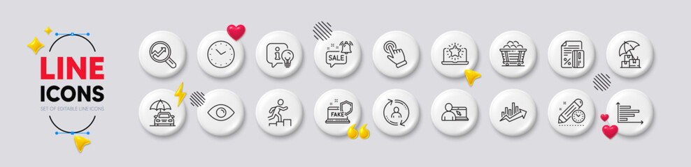 User info, Coal trolley and Promotion bell line icons. White buttons 3d icons. Pack of Time, Delivery insurance, Online education icon. Credit card, Car insurance, Horizontal chart pictogram. Vector