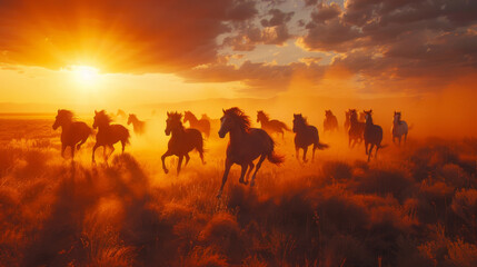Fototapeta premium A herd of wild horses runs across a field at sunset, creating a dramatic and dynamic scene of freedom and nature.