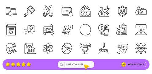 Interview job, Voice wave and Brush line icons for web app. Pack of Dao, Report, Notification pictogram icons. Money currency, Paint roller, Bank document signs. Scissors, Podium, Vocabulary. Vector