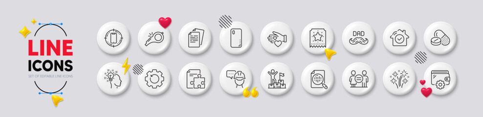 Smartphone target, Smartphone cover and Strategy line icons. White buttons 3d icons. Pack of Wallet, House security, Loyalty ticket icon. Volunteer, Fireworks, Idea pictogram. Vector