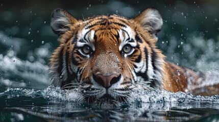 Naklejka premium A majestic tiger's face emerges from rippling water, droplets in mid-air