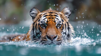 Close-up of a tiger with water splashes, showcasing a penetrating gaze