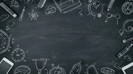 Creative educational sketch on blackboard background with copy space. Education and knowledge concept. AI generated illustration