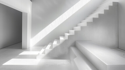 Obraz premium A modern interior with a white staircase bathed in sunlight. The minimalist design and bright lighting create a sense of openness and tranquility