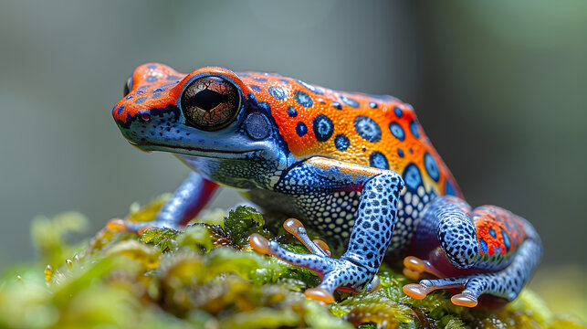 Mod&egrave;les Vibrants sur le Dos d'une Grenouille Dendrobate Perch&eacute;e sur une Branche Couverte de Mousse
