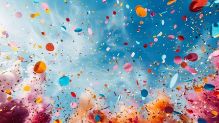 A vortex of colorful confetti creates a magical celebration scene in a bright sky