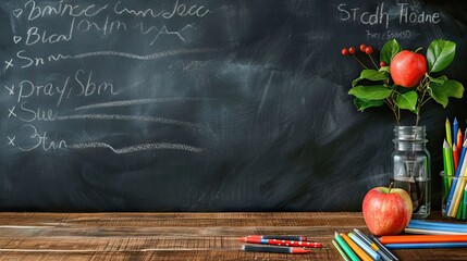 education and back to school concept. pencils stand as bus over wooden desk infront of classroom blackboard. AI generated illustration