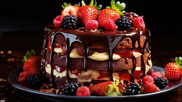 Delicious sweet beautiful chocolate sponge cake dessert with berries strawberries blackberries blueberries and raspberries