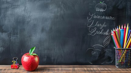 education and back to school concept. pencils stand as bus over wooden desk infront of classroom blackboard. AI generated illustration