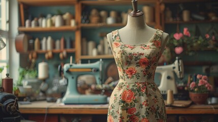 An elegant vintage dress form displays a floral summer dress in a quaint sewing room