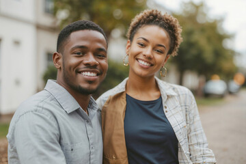 Obraz premium African American man and woman are smiling for the camera. They are both happy and enjoying the moment. Love couple in city