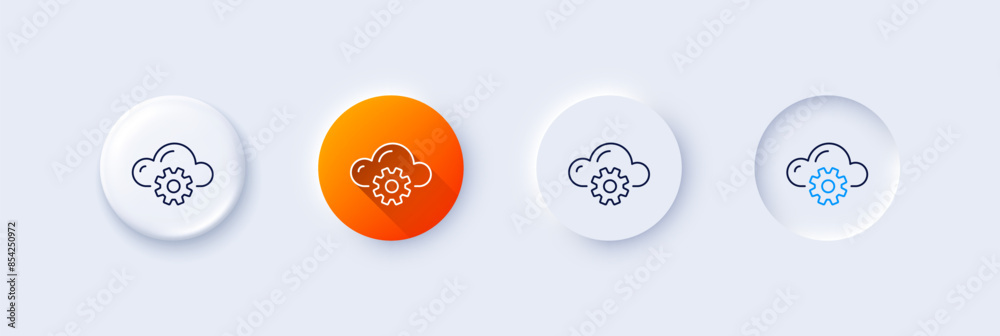 Poster cloud computing process line icon. neumorphic, orange gradient, 3d pin buttons. internet data storag
